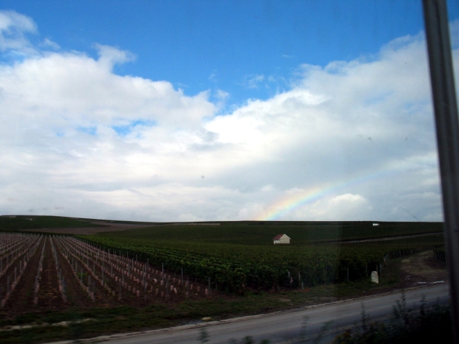 A rainbow over the Champagne vineyards of Avenay. As seen from the train window during harvest 2014. Photo copyright Paige Donner.